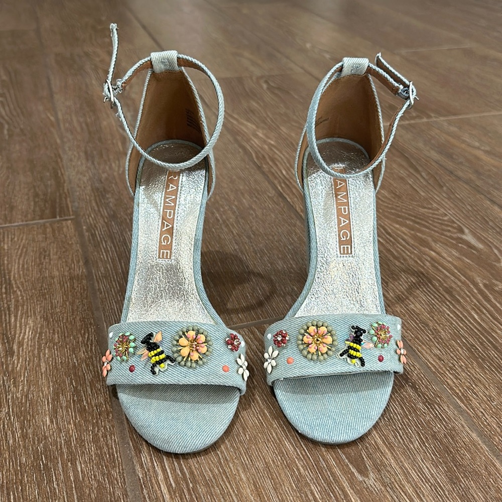 Rampage denim beaded floral heels 6.5